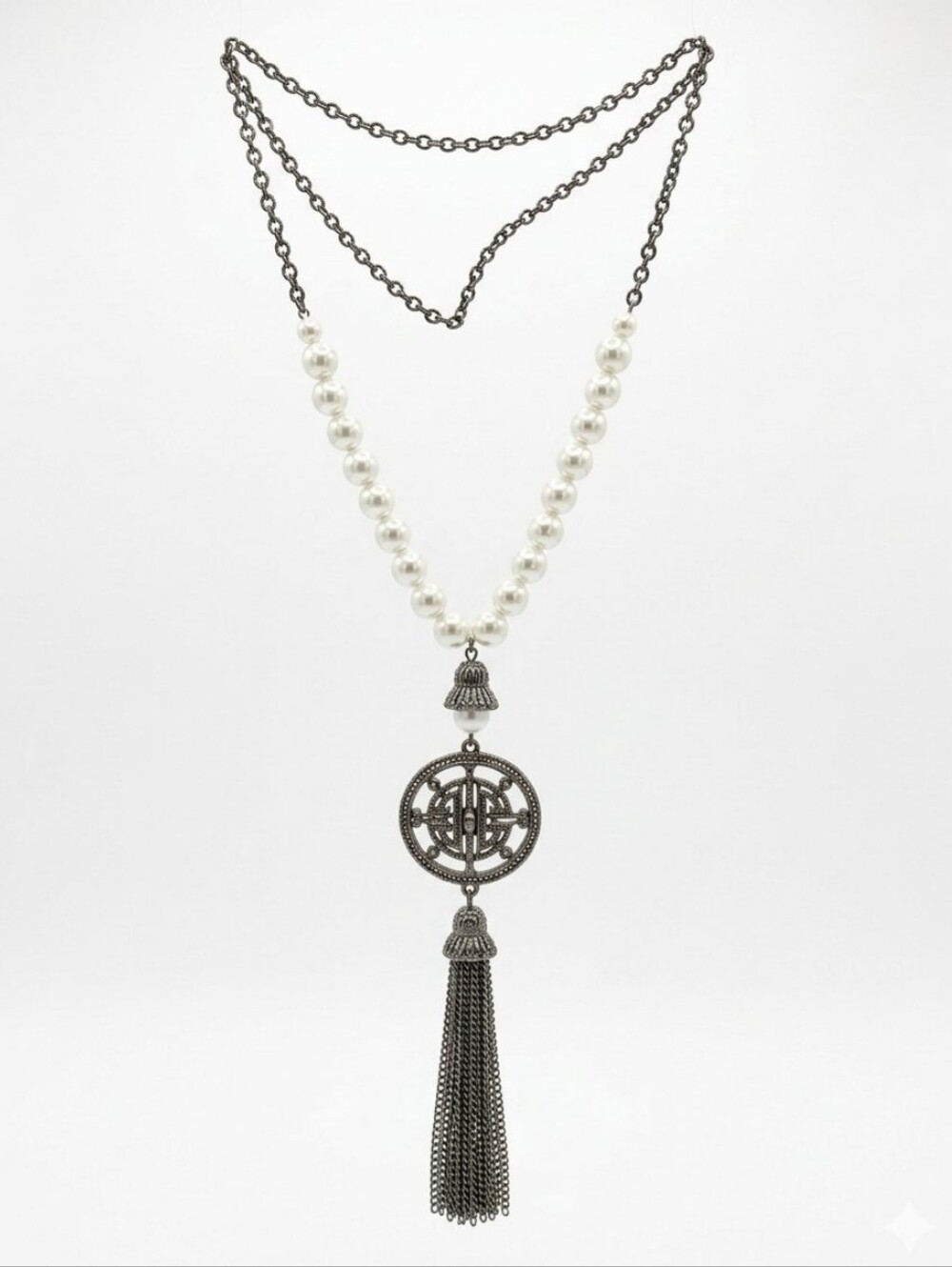 Leslie Danzis Gunmetal Chain Faux Pearl Rhinestone Tassel Long Necklace